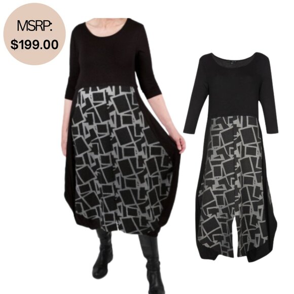 NWT KOZAN Artsy Black & Gray Geometric Print Dress Avant Garde Style Women XS - Picture 1 of 12